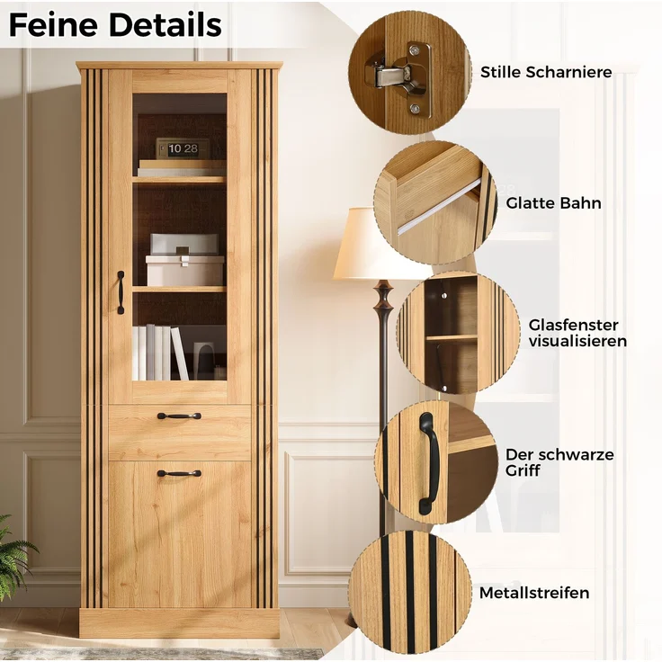 DESVIAE Regal als Vitrinenschrank Natur aus Spanplatte – 62x180x41 cm – LED-Beleuchtung, Spiegeltür, Schublade – Bild 5