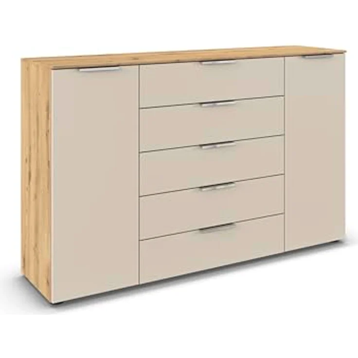 Rauch Möbel Flipp, Kommode für Schlafzimmer, Kinderzimmer, Wohnzimmer, Jugendzimmer, Flur, Garderobe, 2-türig, 5 Schubladen, mit Softclose-Funktion, Farbe Eiche Artisan, Holz/Beige, Breite 160 cm – Bild 2