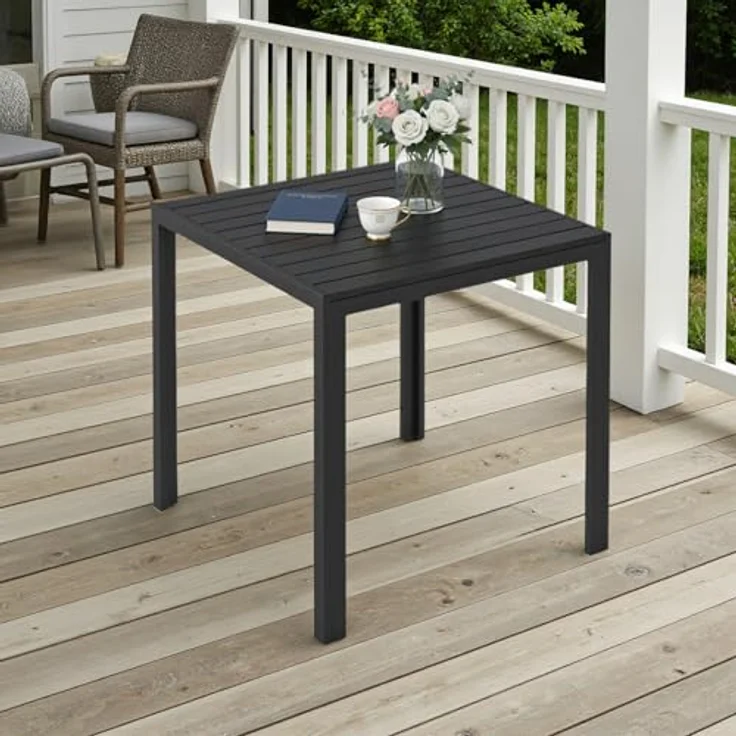 Clevich Gartentisch Wetterfeste, 75x75 cm, Outdoor-Esstisch, WPC Balkontisch, Aluminiumrahmen, Wetterfeste Gartenmöbel, Quadratischer Terrassentisch, Schwarz – Bild 8