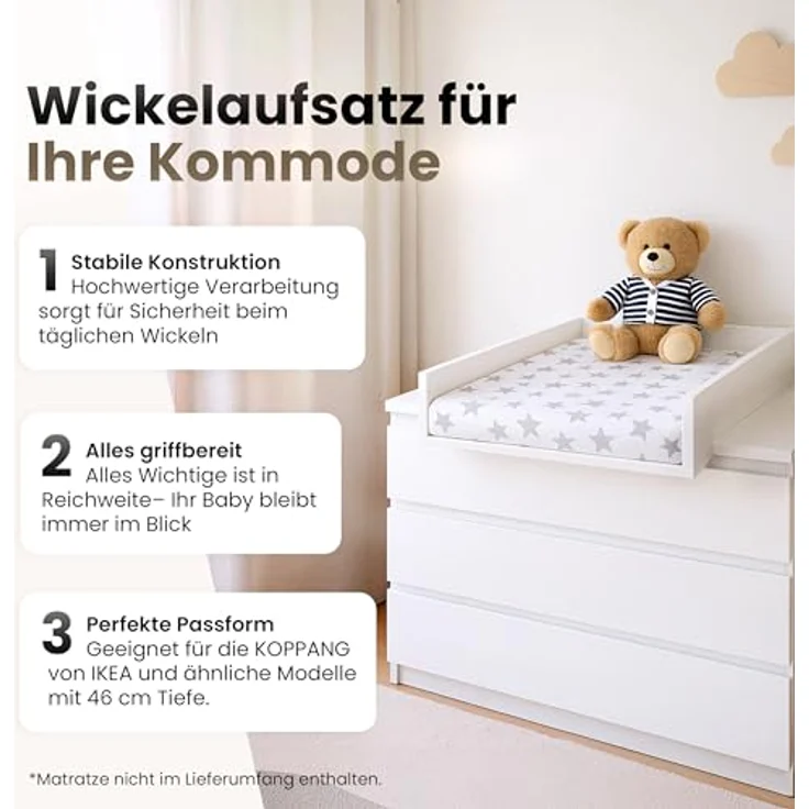 regalik Wickelaufsatz für Koppang von IKEA, Wickeltischaufsatz für 46 cm Kommoden, Abnehmbar Wickelkommode aufsatz, Gerade Frontplatten, Oak, 72x54 cm – Bild 4