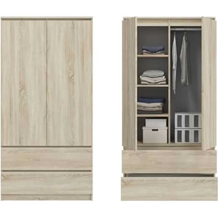 Home Collective Kleiderschrank Schrank 90cm breit mit 2 Schubladen, 3 Einlegeböden und Kleiderstange (Haushaltsschrank Schrank Organizer für Schlafzimmer Flur Keller Büro) robust & vielseitig viel Stauraum 90x50x180 (BxTxH) sonoma – Bild 2