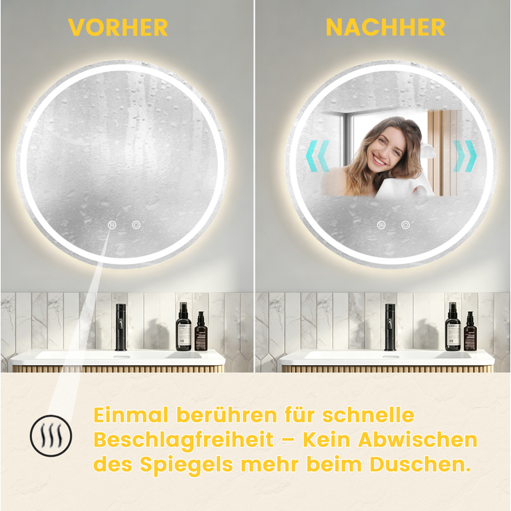Badezimmerspiegel mit LED-Beleuchtung, dimmbar & beschlagfrei, 80x80 cm, Silber – Bild 5