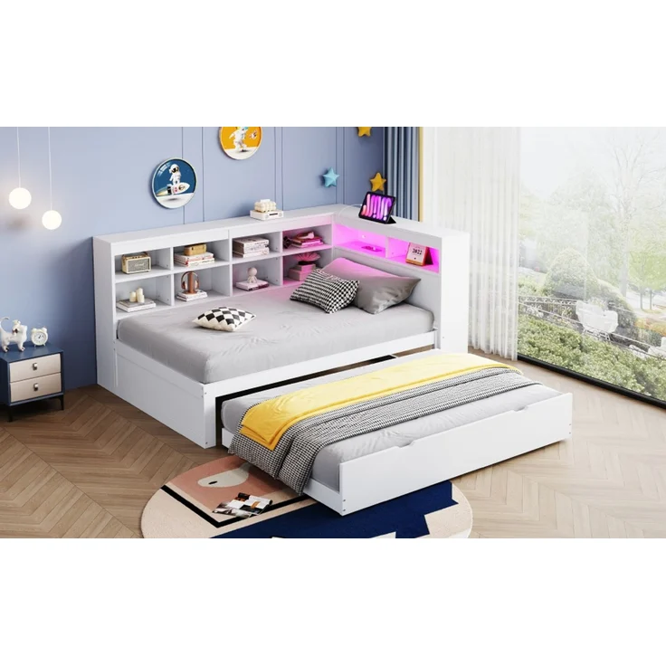 EINHOM Massivholzsofa 90 x 200 cm, mit Ausziehbarem Bett, mit USB-Steckdose und mit LED-Licht, mit Regalen und Ablagefächern, Viel Stauraum, Multifunktionales Einzelholzbett, Weiß, (Ohne Matratze) – Bild 5