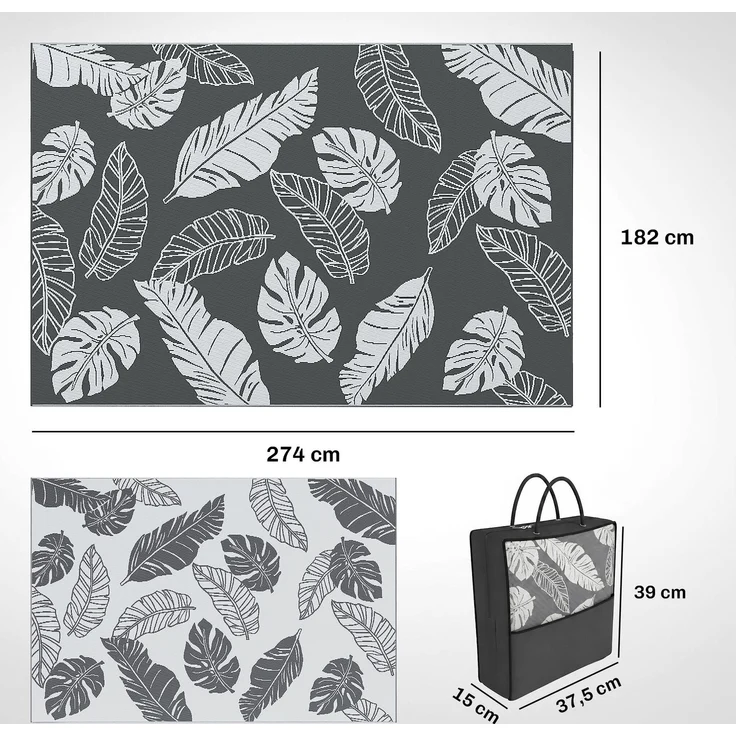 MELAYR, Outdoor Wendeteppich, wasserfest, Blattmuster, 182x274cm, Grau/Weiß – Bild 5