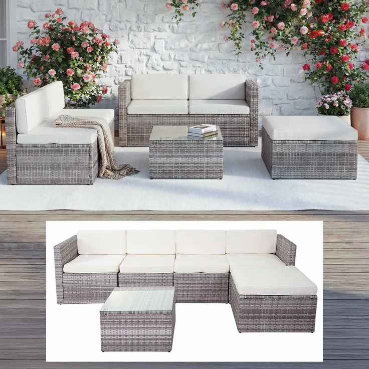 Poly-Rattan-Garnitur HWC-D24, Garten-/Lounge-Set Sofa ~ grau, Polster creme