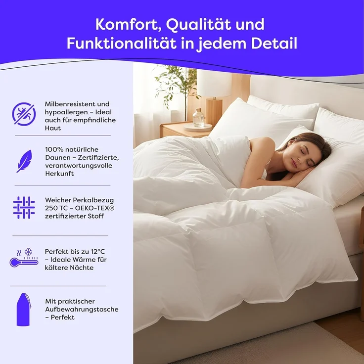 Wolkenfeld Daunenbettdecke Winterbettdecke Daunendecke Anti-Milben, Hypoallergen, Waschbar, Bezug: 100% Baumwolle, 135x200, 155x220, 200x200, 220x240 Gänsedaunen & Federn 500 g/m² – Bild 3