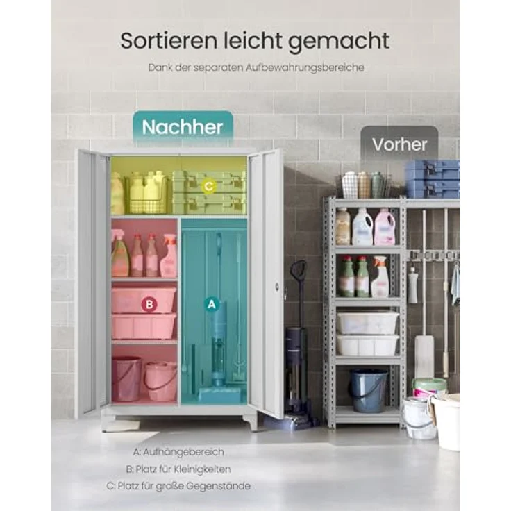 SONGMICS Mehrzweckschrank, Garderobenschrank, Aufbewahrungsschrank, Aktenschrank, Metallschrank, mit 2 Türen, 5 Fächern, Hängestange, abschließbar, hohe Füße, 80 x 40 x 165 cm, mattgrau OMC018GJ01 – Bild 5