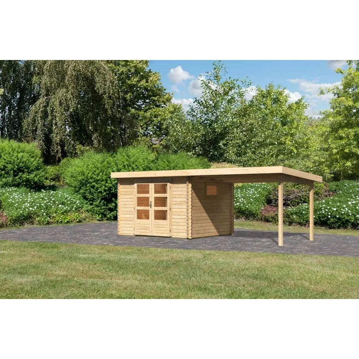 Blockbohlengartenhaus Trittau 3 - 580,5 x 297 cm mit Anbaudach 3,30 m, 38 mm Holz naturbelassen, Karibu