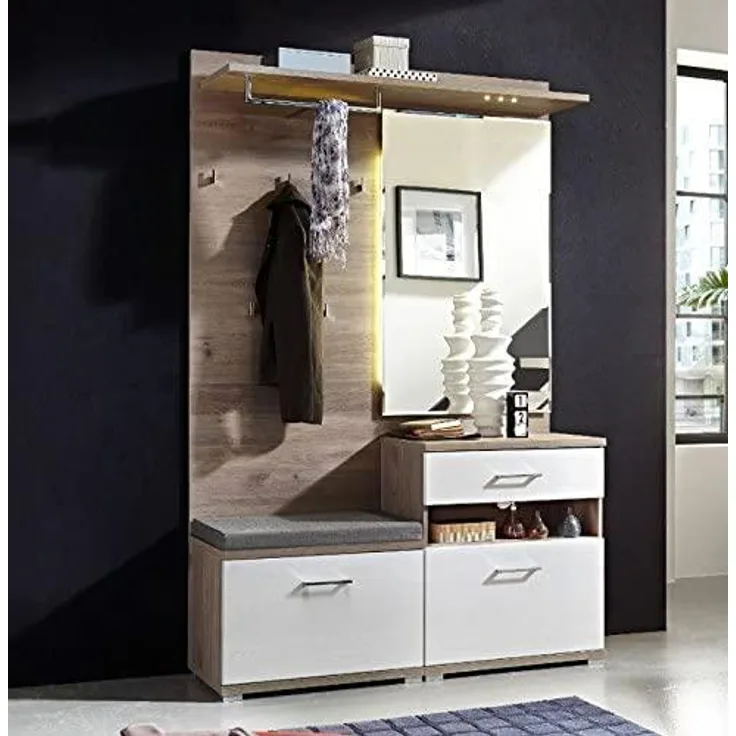Garderobe PLUS 3-teilig Kompaktgarderobe Schuhschrank Paneel Bank in Weiß