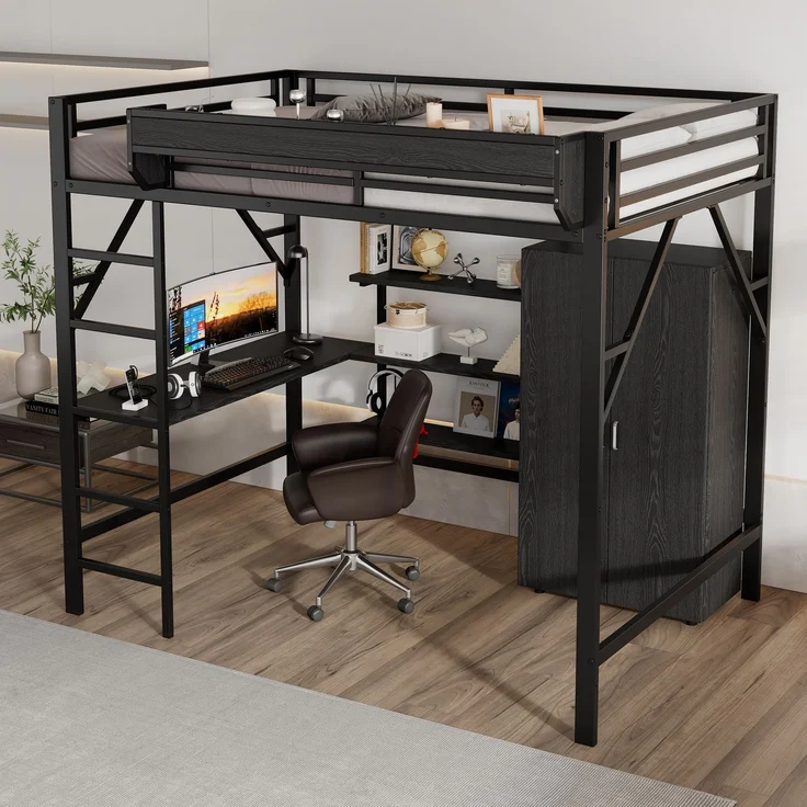 Merax Hochbett, 140x200cm Kinderbett, Doppelstöckiger Stauraum unter dem Schreibtisch, Oberes Bett mit Stauraum, Mit Kleiderschrank, Schwarz – Bild 3