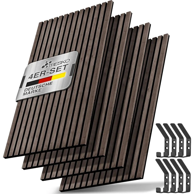 TRESKO® 4 Stück Akustikpaneele Holz 120×60 cm inkl. 8x Kleiderhaken | Wandverkleidung Nussbaum als 3D Lamellenwand | Holzpaneele Paneele für Schallschutz | Akustik Wandpaneele mit Montageset – Bild 1