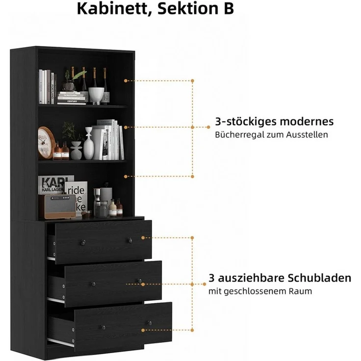 VOWNER Bücherregal 5-stöckiges Bücherregal mit Glastüren, 180 cm Vitrinenschrank, 2-tlg, multifunktionaler Küchenschrank Hochschrank & Buffetschrank – Bild 3
