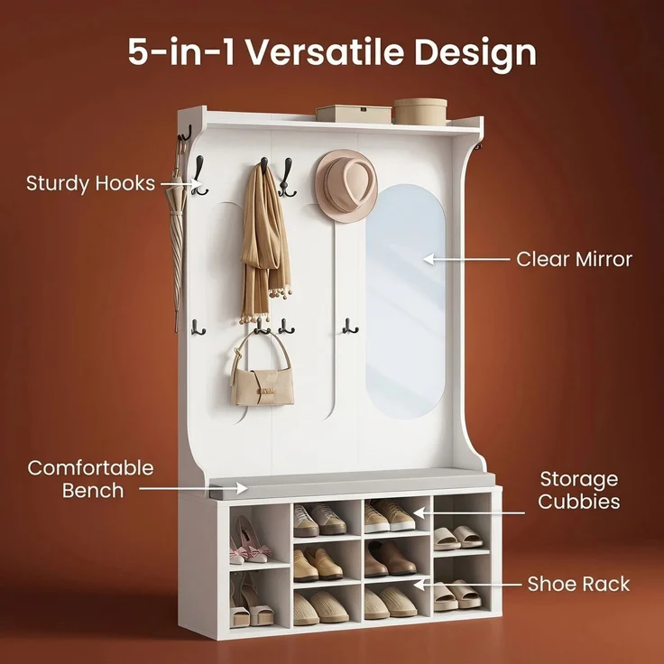 Halupeit Weiße Garderobe für den Eingangsbereich mit Spiegel, Schuhbank und Schuhschrank; Haken; verstellbare Regalböden; 36 × 100,5 × 185,5 cm – Bild 3
