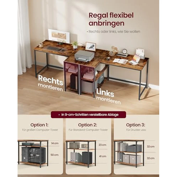 VASAGLE Eckschreibtisch in L-Form, Computertisch mit Stauraum, Bürotisch, höhenverstellbare Ablage, für Homeoffice, 110 x 80 cm, vintagebraun LWD135KD01 – Bild 6