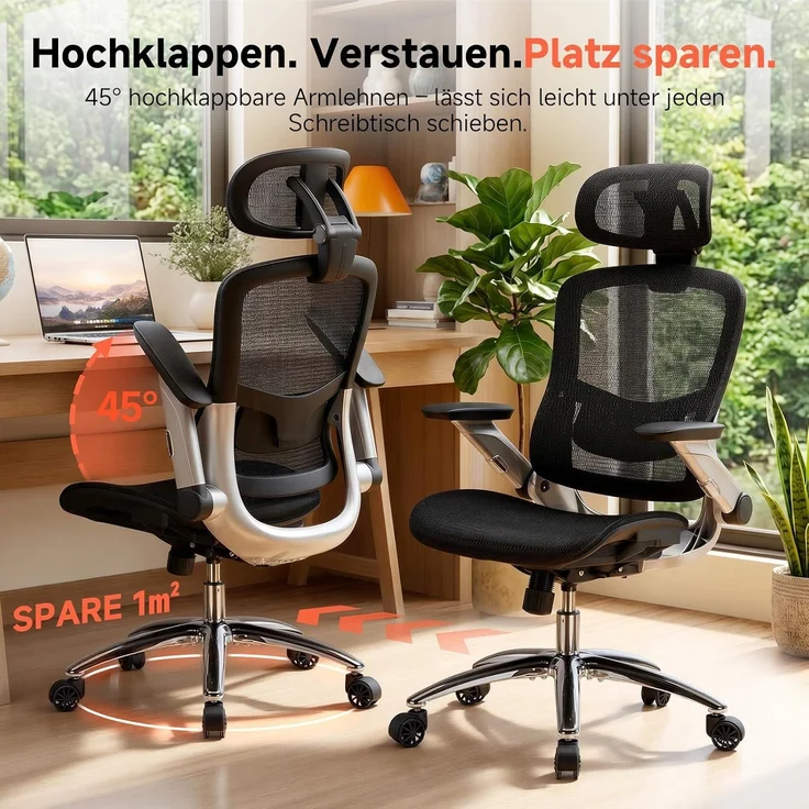 COMHOMA Bürostuhl, ergonomischer schreibtischstuhl mit Mesh, 2D-Kopfstütze, 4D-Armlehnen, Hohe Rückenlehne mit Wipp- & Feststell (90-125°), extra breite Sitzfläche, Belastbarkeit 180 kg, Schwarz – Bild 4