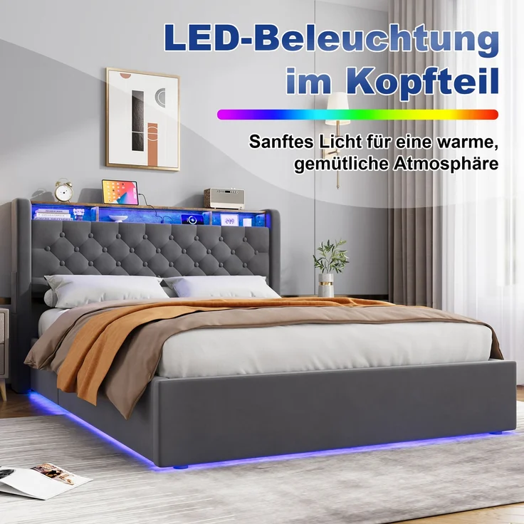 MODFU Polsterbett mit Bettkasten, LED, USB-C und Kopfteilablage, Holland-Velours Grau, 140x190 cm – Bild 10