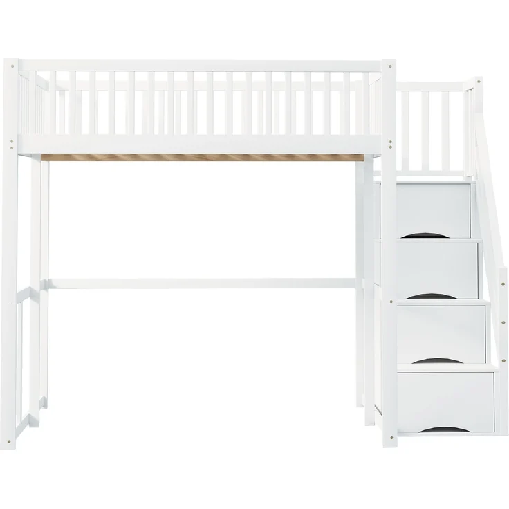 Merax Hochbett 140x200cm mit Sicherheitsaufbewahrungsleiter, Sicherheitsumrandung, Bettgestell aus massiver Kiefer, Geeignet für Kinder, Jugendliche und Erwachsene, Weiß – Bild 5