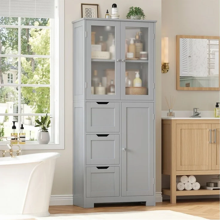 HOMECHO Hochschrank Badezimmerschrank mit 3 Türen und 3 Schubladen – Bild 2