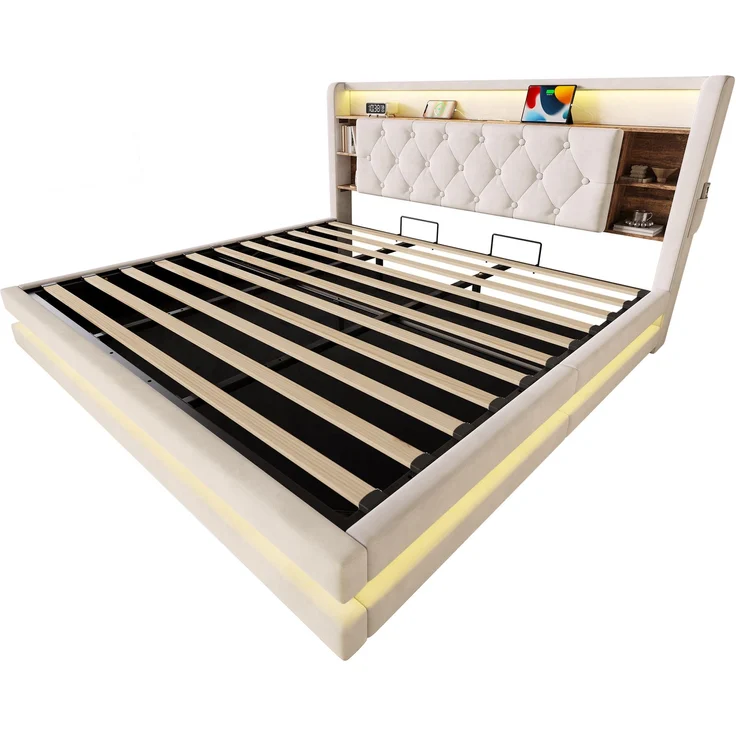 TavilaEcon Boxspringbett Samtbett, Polsterbett mit LED-Beleuchtung & USB-Ladefunktion beige Liegefläche 180 × 200 cm – Bild 10