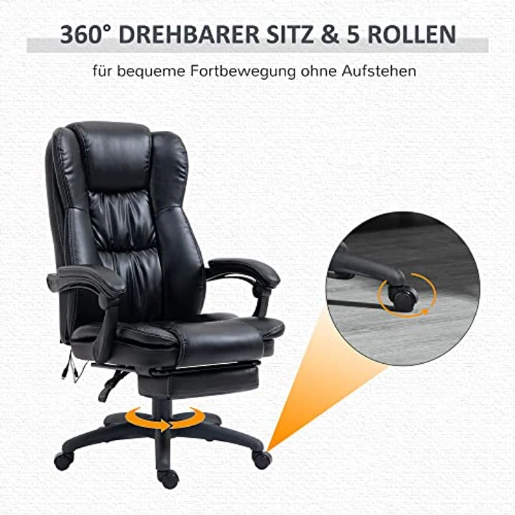Vinsetto Bürostuhl mit Fußstütze und Massagefunktion, höhenverstellbar, 360° Drehung, 6 Vibrationspunkte, 5 Massagemodi – Bild 7