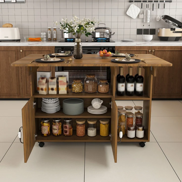Flieks Mobile Kücheninsel 110x70x80 cm, klappbarer Küchentisch mit Rollen, Ablageböden & Stauraum, Esstisch und Sideboard, Braun – Bild 3
