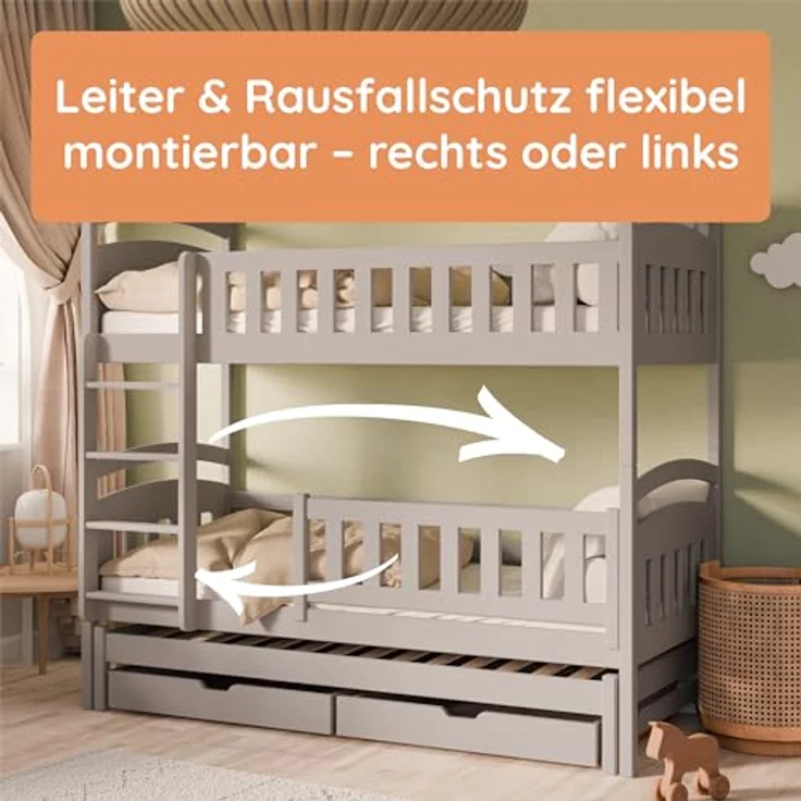 Kids Collective Etagenbett Hochbett Stockbett Kinderbett 90x200 cm mit Ausziehbett und Schubladen (mit drei Matratzen inklusive), Umbaubar zu 3 Einzelbetten mit Lattenrosten & Rausfallschutz, Kaschmir – Bild 9