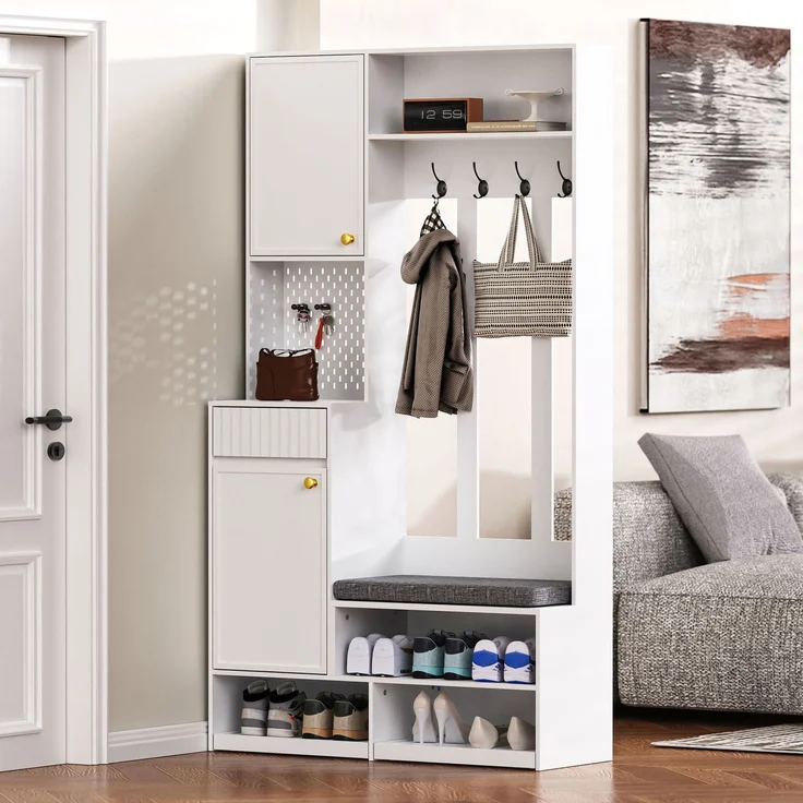 Garderobenset 100x35x180 cm, weiß, mit Sitzbank, 4 Haken, Schrank, Lochwand und 2 Schubladen – Bild 2