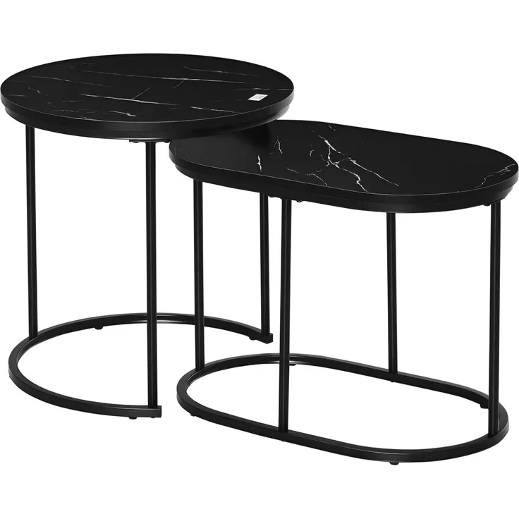 HOMCOM 2er Set Couchtisch Satztisch Rund Oval Beistelltisch Kaffeetisch Stapelbar für Wohnzimmer mit Faux Marmor Seite bis 30 kg MDF Stahl Schwarz Ø50x50,5H cm