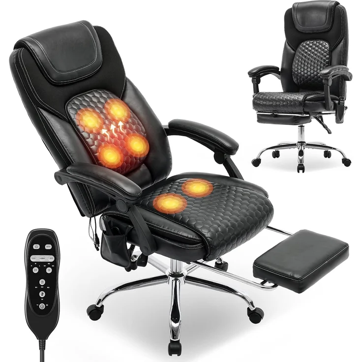 COLAMY Ergonomischer Chefsessel aus Leder mit 6-Punkt-Massage & 3-Stufen-Heizfunktion, höhenverstellbar, verstellbare Rückenlehne, ausziehbare Fußstütze – Büro & Home Office, Schwarz – Bild 1