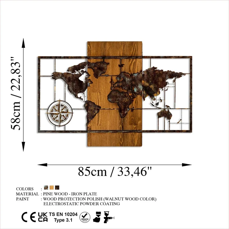 Wallity 'World Map With Compass 5' Dekoratives Wandaccessoire aus Holz, Walnuss / Braun, 85 x 58 cm – Bild 8