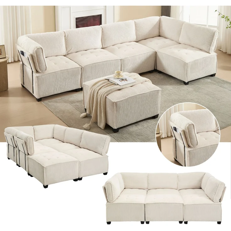 Modulares 6-Sitzer Sofa B 308 x T 154 x H 81,99 cm aus Cord, als U-, L-Form oder Schlafsofa – Bild 3