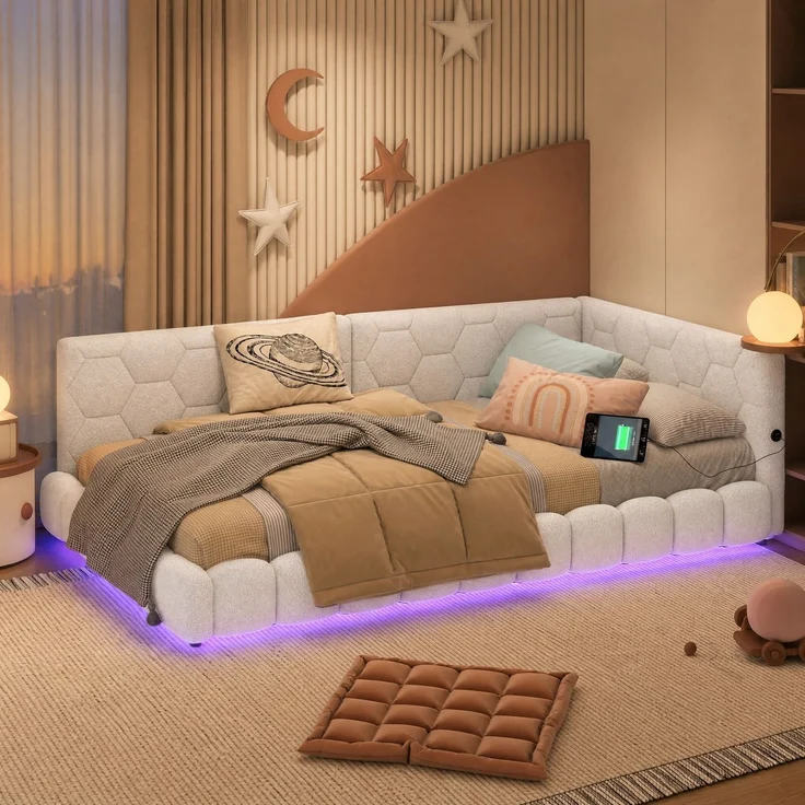 CHICFURN Bett aus Vliesimitat Weiß 90x200 cm mit LED-Beleuchtung und USB- und Type-C-Anschlüssen – Bild 1