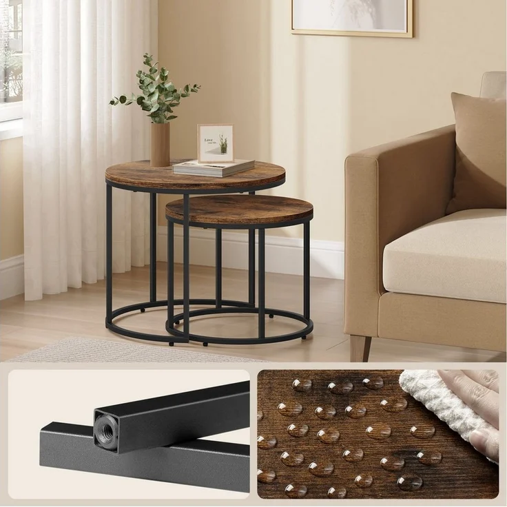 Home Collective Couchtisch 2er Set Beistelltisch Loft Design 2in1 Verschachtelung Wohnzimmer, kratzfeste Oberfläche 53cm & 43cm Rustikal-Eiche schwarzen Beinen rund – Bild 3