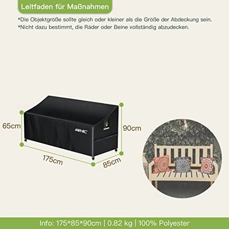 Awnic Gartenbank Abdeckung Hülle für Schutzhülle Abdeckplane Gartenbank Wasserdicht 420D Polyester 3 Sitzer 175 x 85 x 65 cm – Bild 3