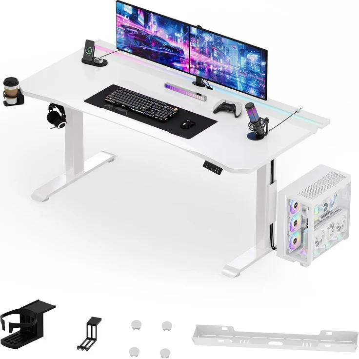 JUMMICO Höhenverstellbarer Schreibtisch 160x70 cm Elektrisch Gaming Tisch | Sitz-Steh Schreibtisch mit Doppelmotor, 4 Speicherplätzen, Gaming-/Büroschreibtisch mit LED-Lichtleiste & Kabelmanagement