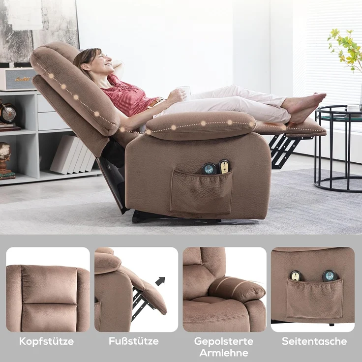 HOMCOM Massagesessel Fernsehsessel mit Aufstehhilfe Elektrisch, mit Liege-/ Wärmefunktion (TV Sessel, 1-St, Relaxsessel), für Wohnzimmer, Schlafzimmer, Braun – Bild 9
