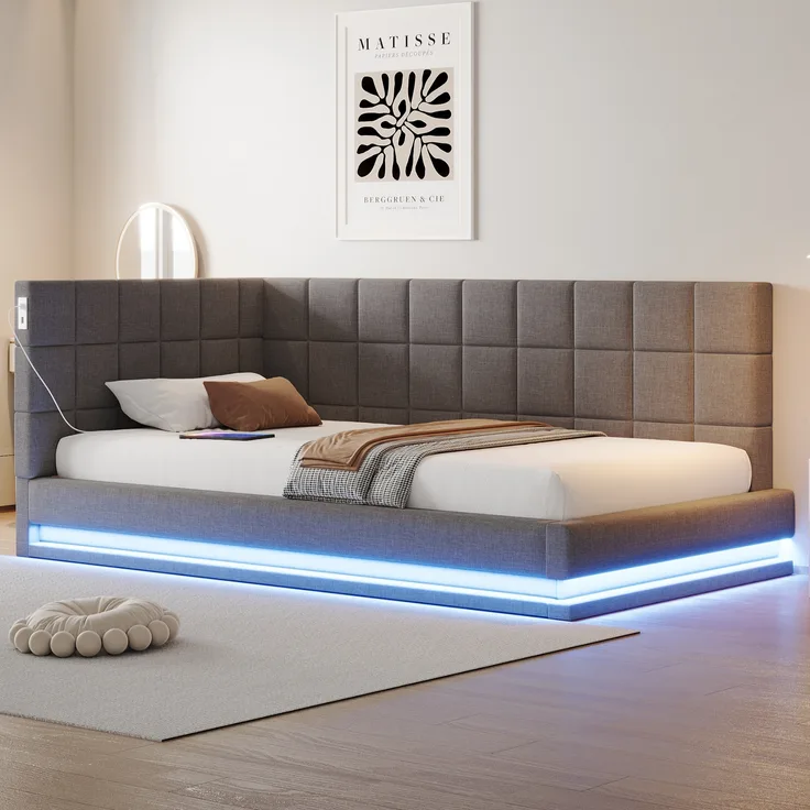 Polsterbett, Schlafsofa Multifunktionsbett mit LED-Lichtleiste USB Steckdose Lattenrost, Samt, Grau, 90x200cm