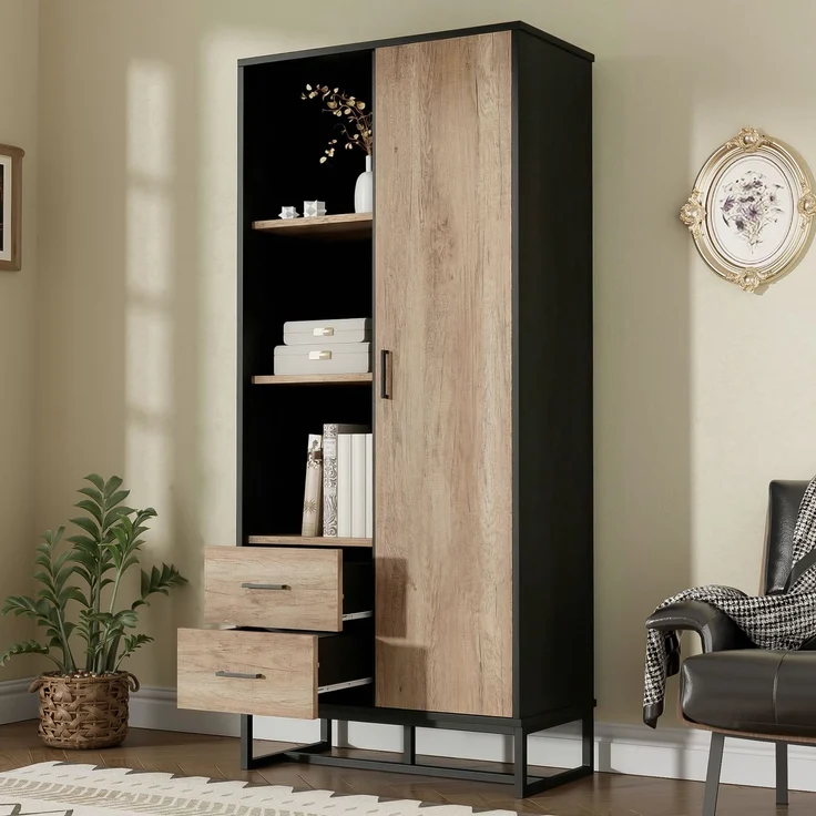 Moderner Highboard Schrank 80x40x180 cm – Holzoptik mit schwarzem Rahmen, mit Tür, 2 Schubladen & 3 offenen Fächern – Vielseitiger Stauraum für Wohnzimmer, Büro & Flur--Schwarz, Holz--80x40x180cm--YOUDENOVA – Bild 7