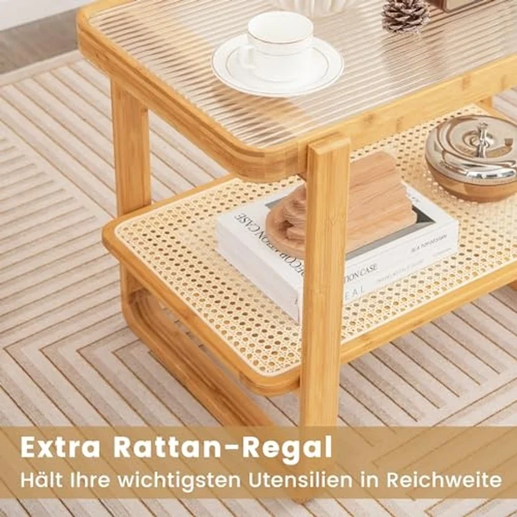 COSTWAY Beistelltisch, Couchtisch mit abnehmbarer Glasplatte und Rattanablage, Kaffeetisch mit Gestell aus Bambus, Nachttisch 70,5 x 44,5 x 54,5 cm – Bild 5