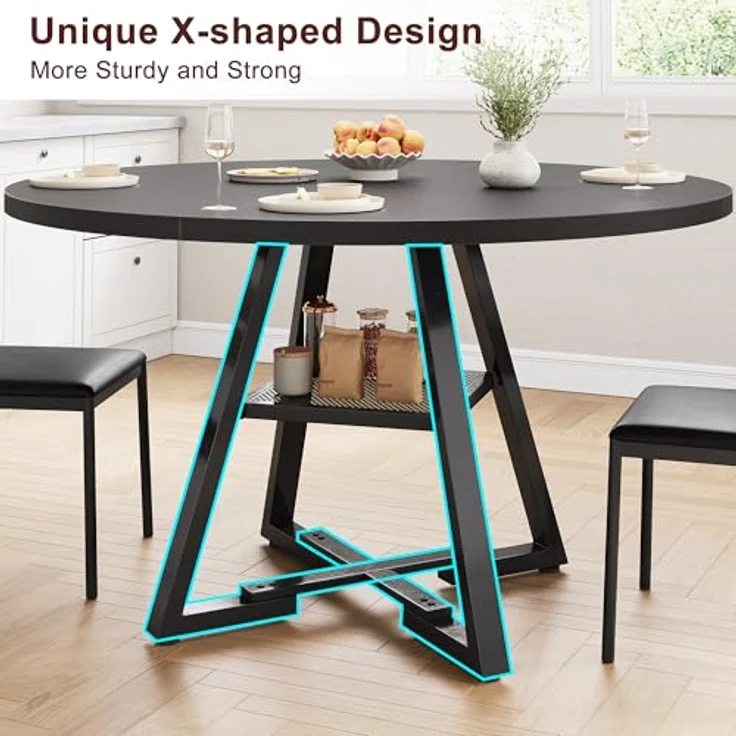 Jocoevol Esstisch Runder für 4-6 Personen, Esszimmertisch mit Ablage, platzsparender Küchentisch aus Holz im Industrial Design (Schwarz, 130x130x76cm) – Bild 7