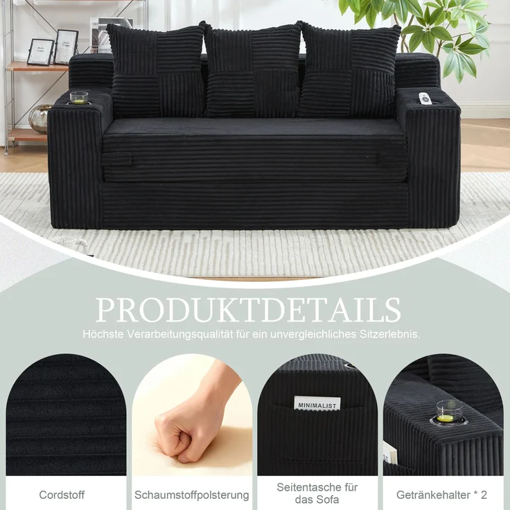 EINHOM Dreier-Sofa aus Baumwoll- und Leinenstoff, mit Getränkehalter und seitlichen Taschen, kann in drei Sitzplätze umgewandelt werden, rahmenloser Design mit gestrickten Kissen und Rückenlehne, großes Sitz – Bild 2