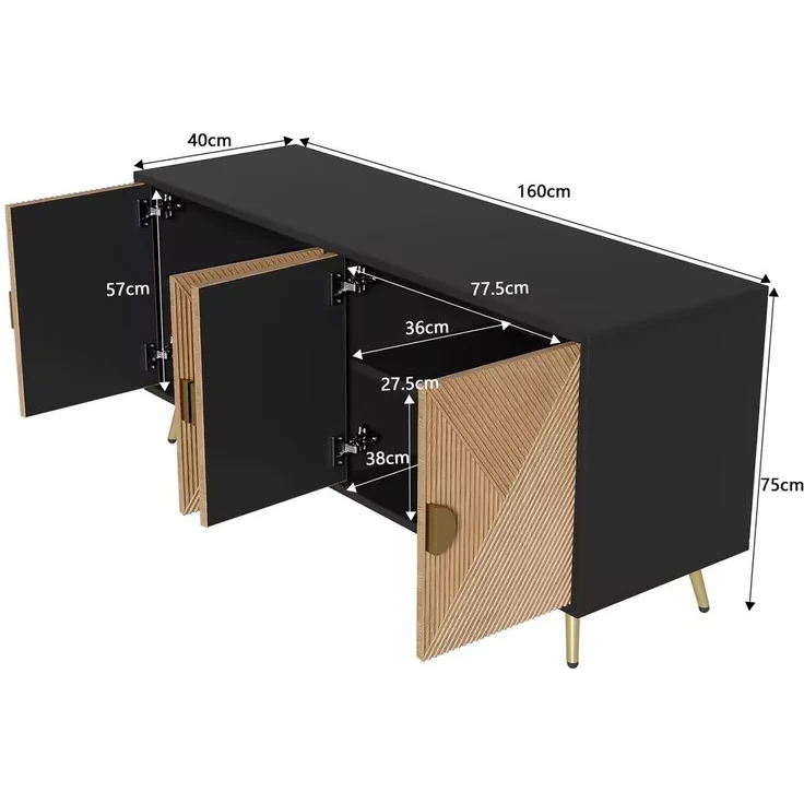 Sideboard, MDF/PB mit 4 Türen & Soft-Close, 160x40x75 cm, Schwarz/Holzfarben – Bild 10
