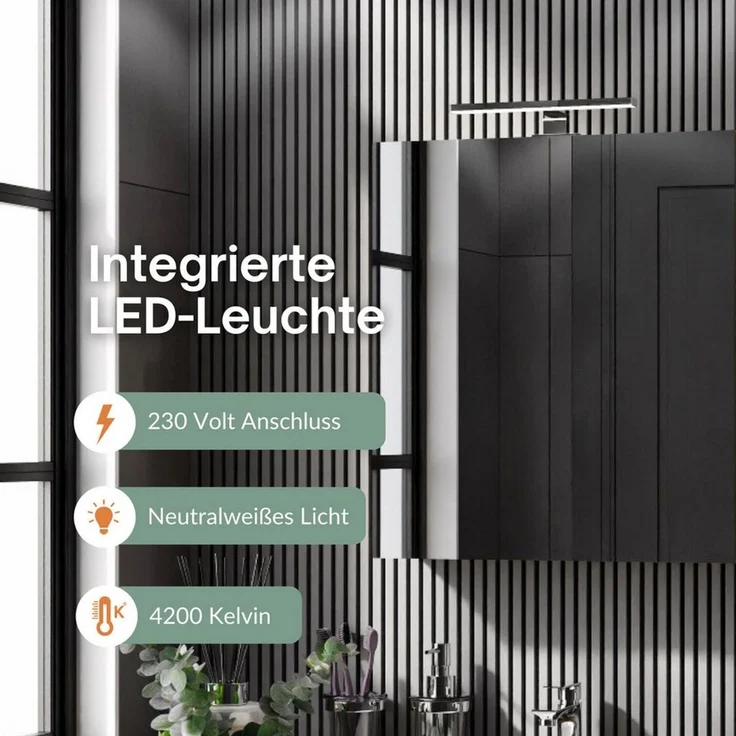 Planetmöbel Badezimmerspiegelschrank Spiegelschrank Merkur (Spiegelschrank Gäste WC 60x67x16 cm, Badschrank hängend mit Spiegel & LED-Leuchte schwarz) 60 cm breit, 2 Türen, 6 Fächer – Bild 1