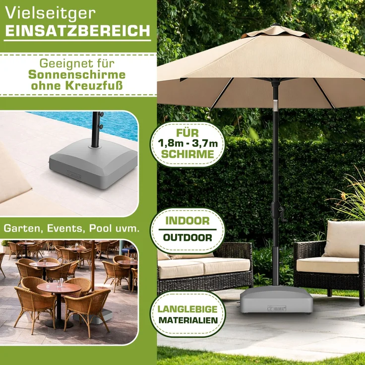 tillvex® Sonnenschirmständer PAVERA mit Rollen & Bremsen Grau | Schirmständer befüllbar 37 Liter / 56 kg | Schirmgewicht Sonnenschirm & Marktschirm Ø 1,8-3,7m | Ampelschirmständer wetterfest – Bild 6