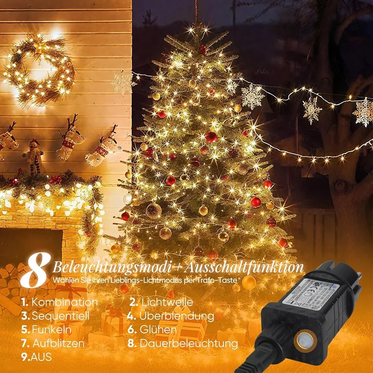 Salcar LED-Lichterkette 2m-100m LED Lichterkette Weihnachtsbaum 20-1660er LED Weihnachtsdeko, 5m 50 LED, 8 Modi und Memory-Funktion, Spritzwassergeschützt – Bild 3