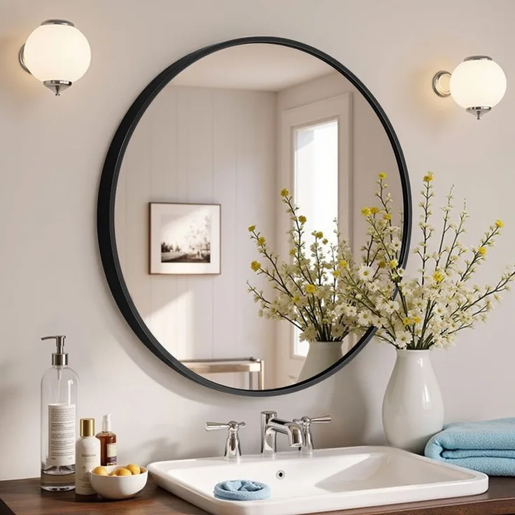 Home Nature Wohnkonzept Wandspiegel, Rund, Hochauflösender Schminkspiegel für Badezimmer & Schlafzimmer, Aluminium, Schwarz, 60 cm