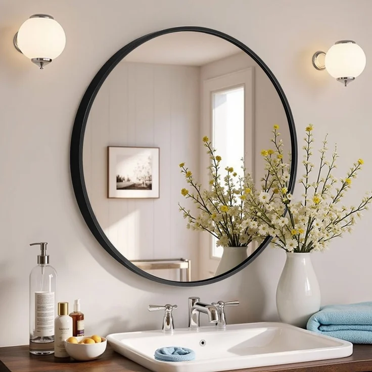 Home Nature Wohnkonzept Wandspiegel, Rund, Hochauflösender Schminkspiegel für Badezimmer & Schlafzimmer, Aluminium, Schwarz, 60 cm – Bild 1