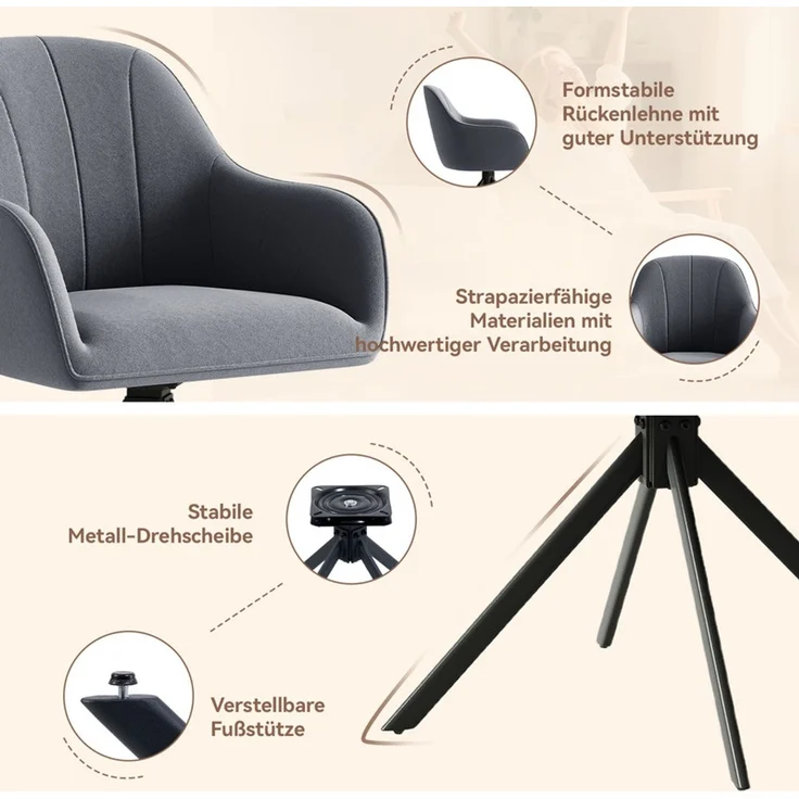 Hawthyhome 4-Fußstuhl Esszimmerstuhl drehbar mit Armlehne, 360° Drehfunktion, Samtbezug, stabiles schwarzes Metallgestell, moderner Küchenstuhl für Esszimmer, Wohnzimmer, Büro & Homeoffice, Dunkelgrau – Bild 5