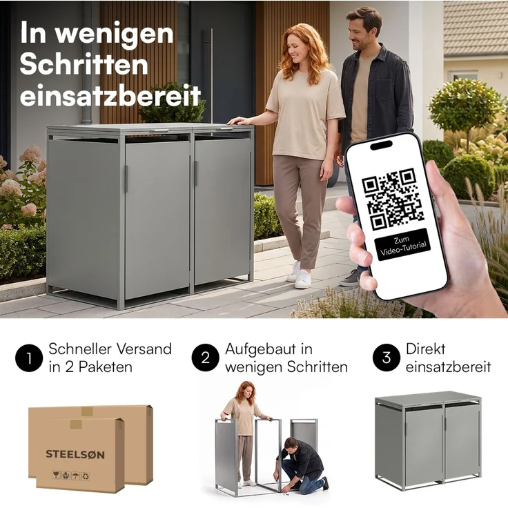 STEELSØN 'Thoria' Mülltonnenbox 2er je 240 Liter, grau, Mülltonnenverkleidung aus Stahl, wetterfest, 116x80x134 cm, Müllbox für 2 Tonnen – Bild 9