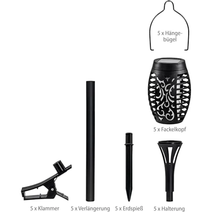 IC Gardenworld Solar Gartenfackel 5er Set mit Flammeneffekt, 4 in 1 Funktion, wetterfest, inkl. Akku, schwarz – Bild 4